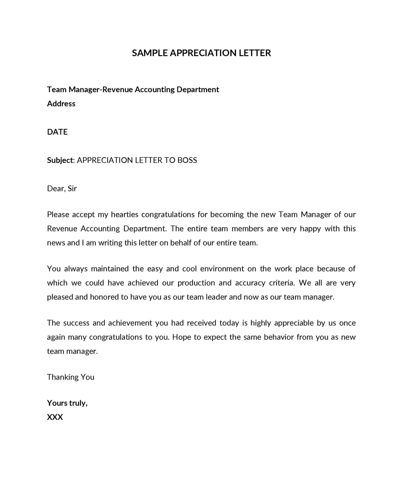 Free downloadable appreciation letter sample to boss