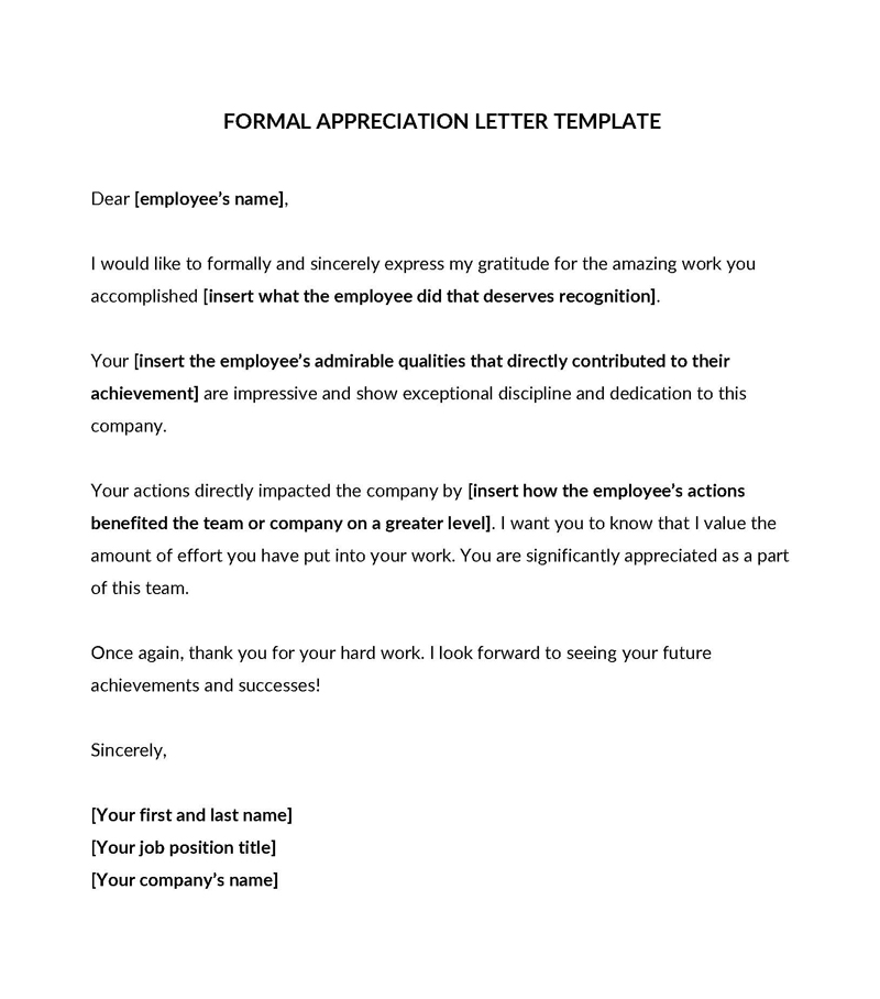 formal letter of appreciation