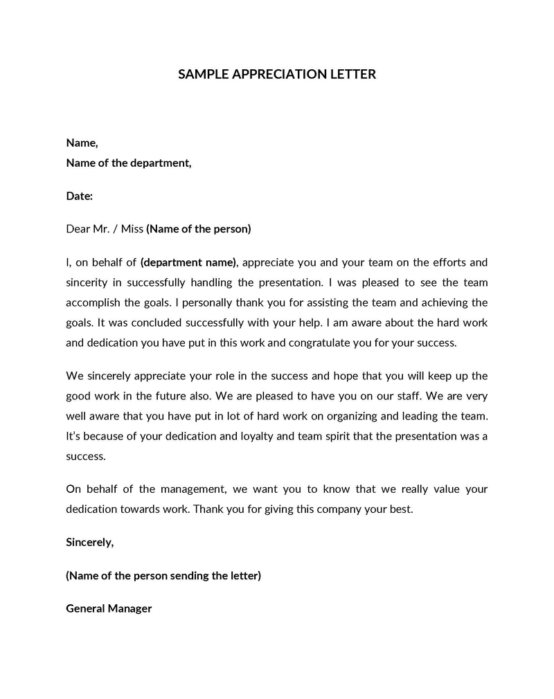 formal letter of appreciation