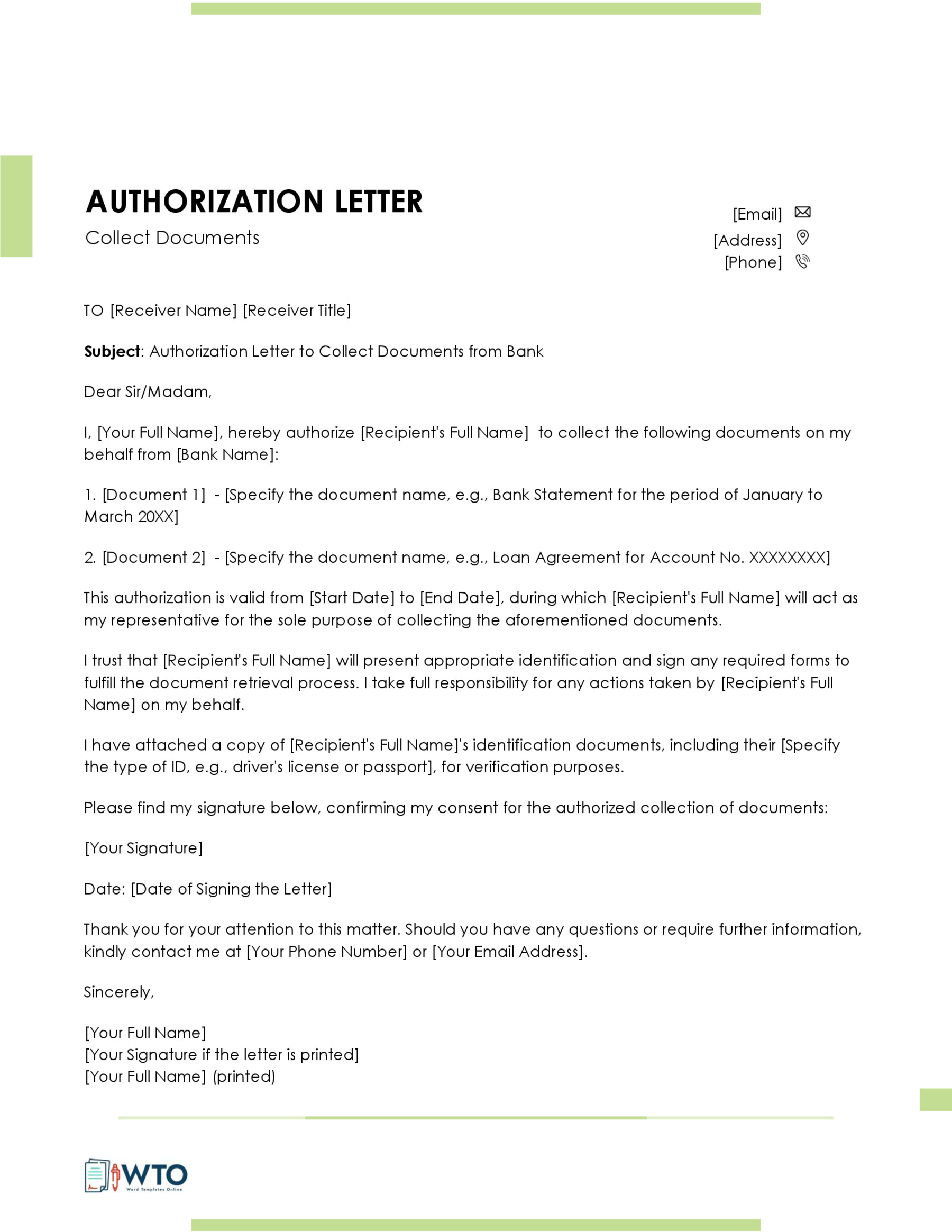 Printable Authorization Letter to Pick Up Documents FREE DOWNLOAD