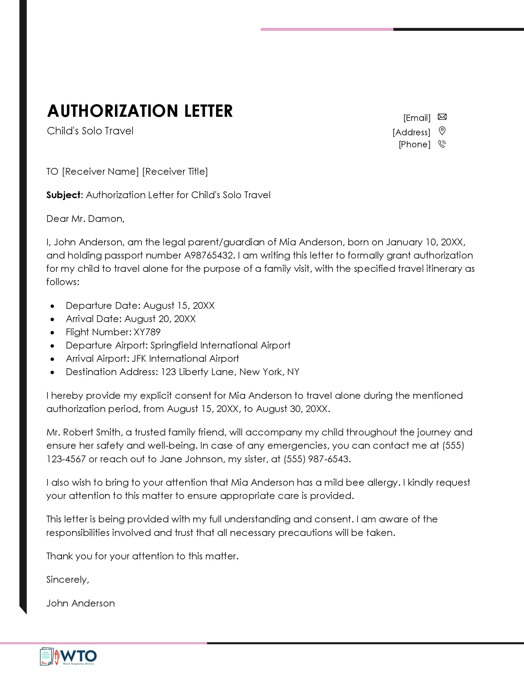 Authorization Letter for a Child to Travel Alone Template