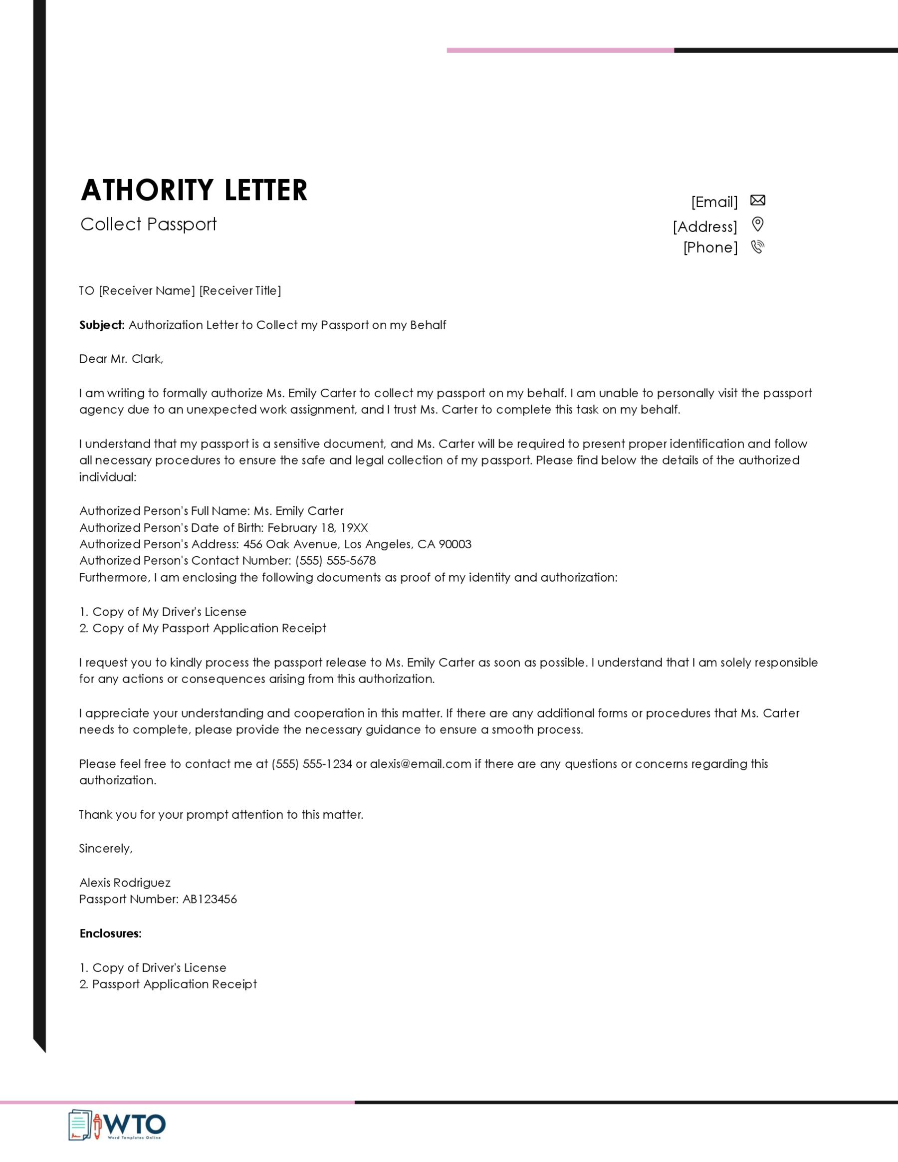 Authorization Letter to Collect Passport Example Download