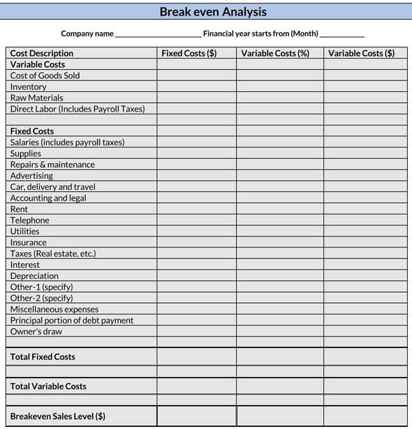 Professional Printable Break Even Analysis Table Template for Word Format