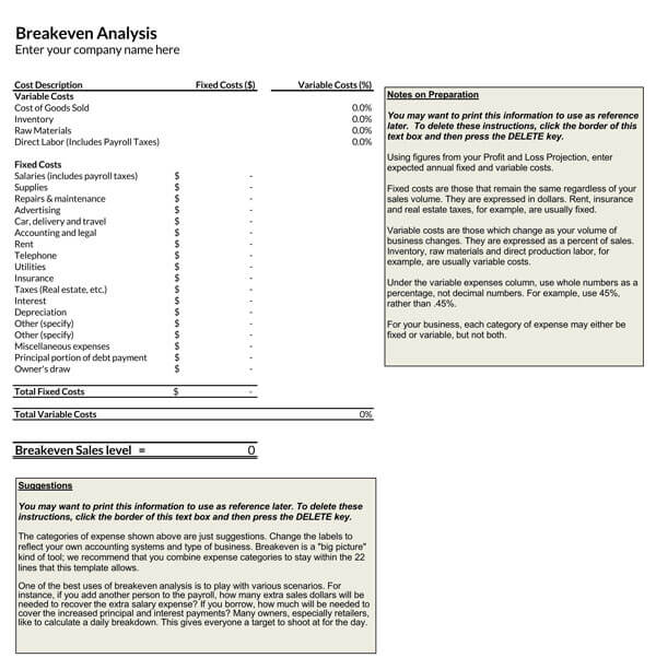 Great Editable Break Even Analysis for Company Template as Excel Format