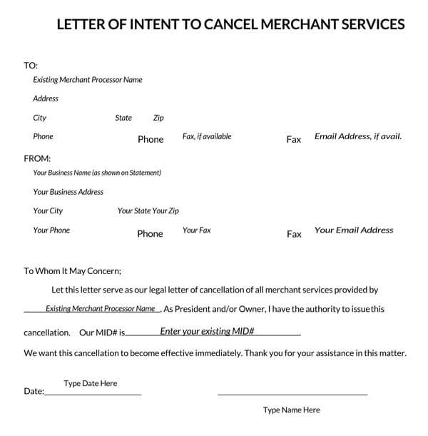 Free Professional Merchant Services Cancellation Letter Template as Word Document
