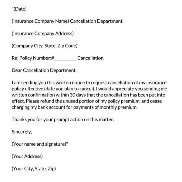 Best Downloadable Insurance Policy Cancellation Letter Template for Word File