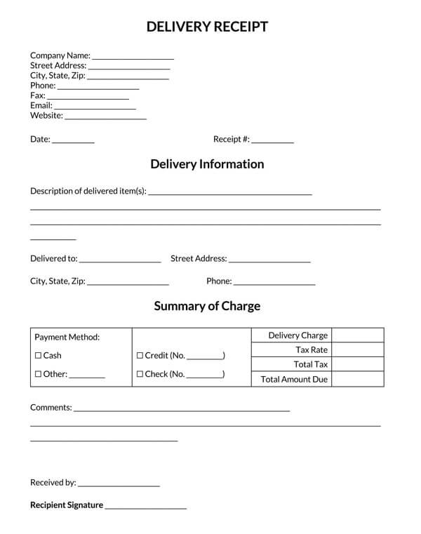 Delivery Receipt Template Example