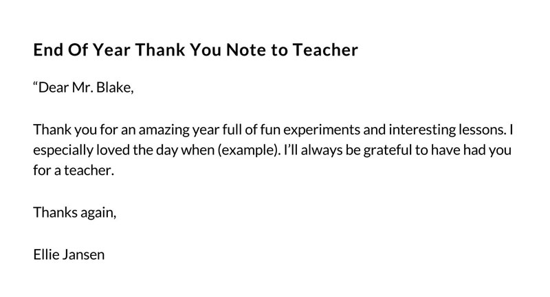 Free End Of Year Thank You Note To Teacher Template