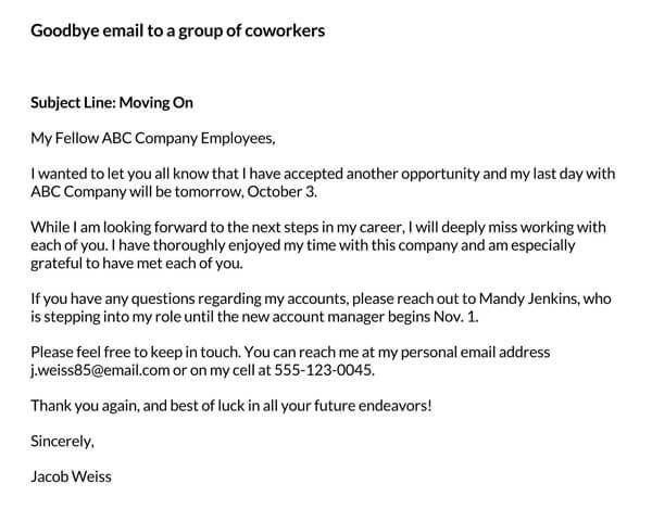 Farewell Letter to Coworkers - Word Document