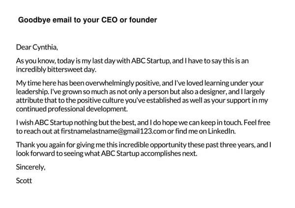 Heartfelt Farewell Letter to CEO or Founder - Free Template