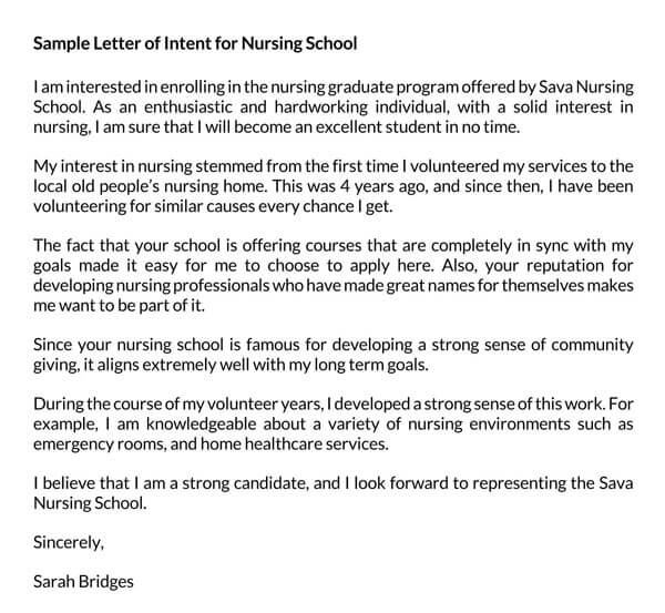 Great Editable Nursing School Intent Letter Sample 02 for Word Document