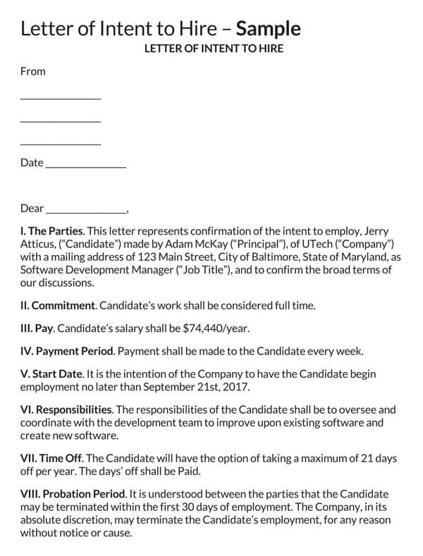 Great Editable Letter of Intent to Hire Template 02 for Word Document