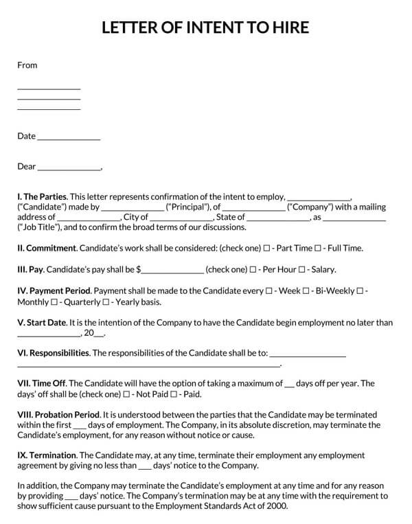 Great Editable Letter of Intent to Hire Template 01 for Word Document