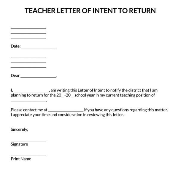 Free Downloadable Teacher Letter of Intent to Return Sample 01 as Word Document