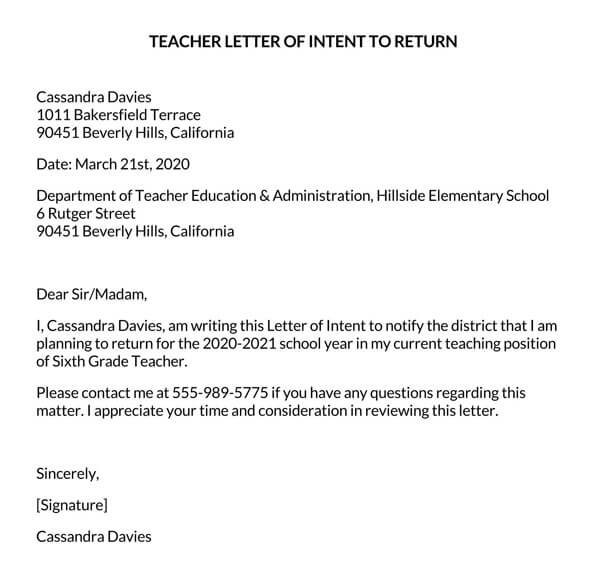 Free Downloadable Teacher Letter of Intent to Return Sample 02 as Word Document