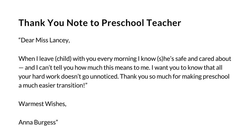 Professional Thank You Note To Preschool Teacher Sample