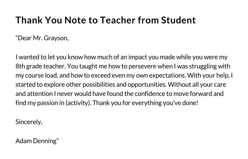Free Thank You Note To Teacher From Student- Word Format