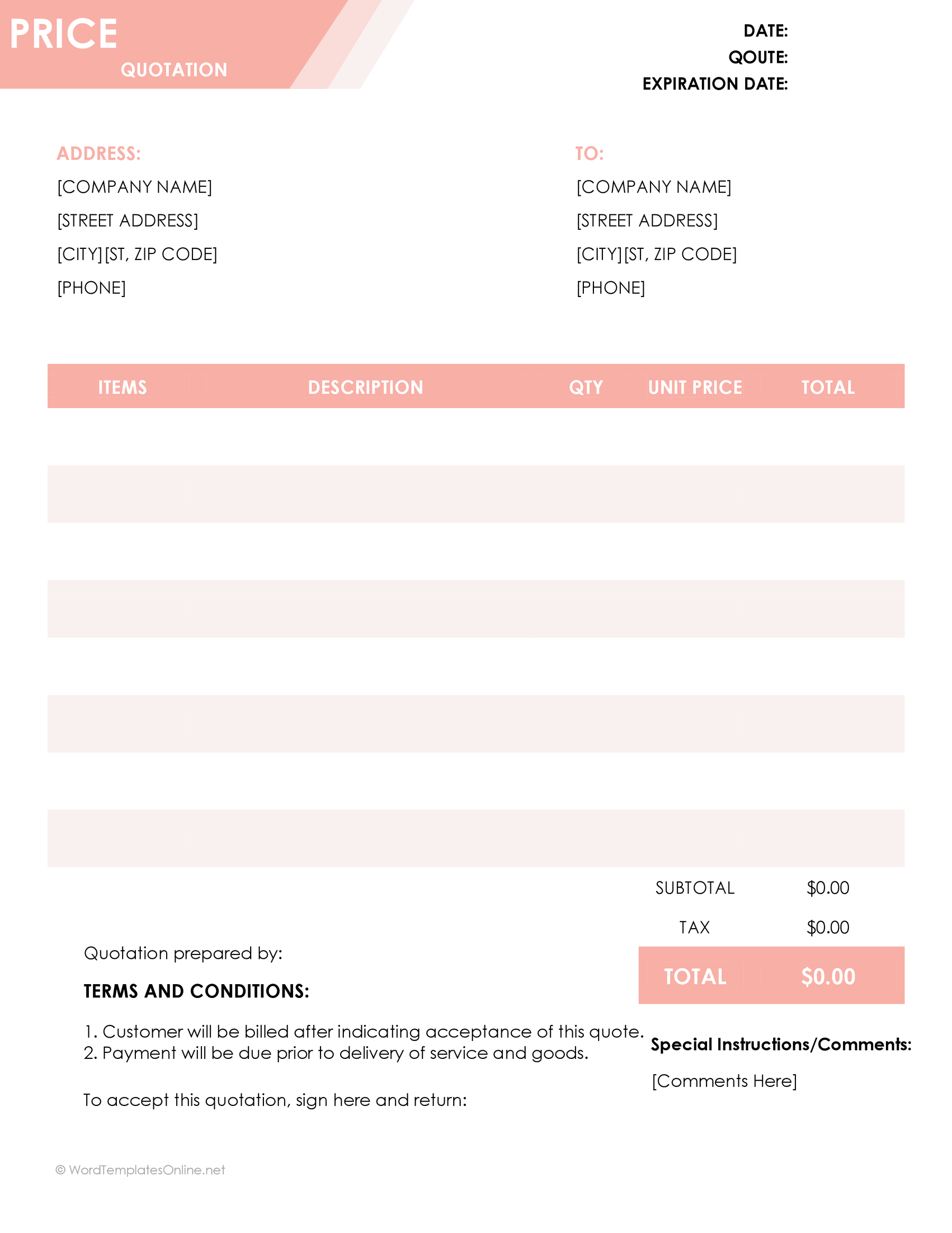 Price Quotation Template Free download in Ms Word
