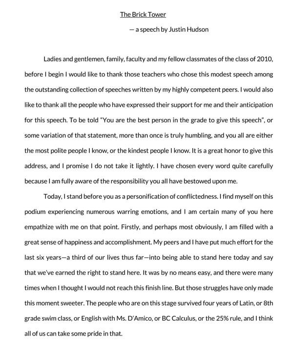 Free Downloadable The Brick Tower Graduation Speech Sample as Word Document