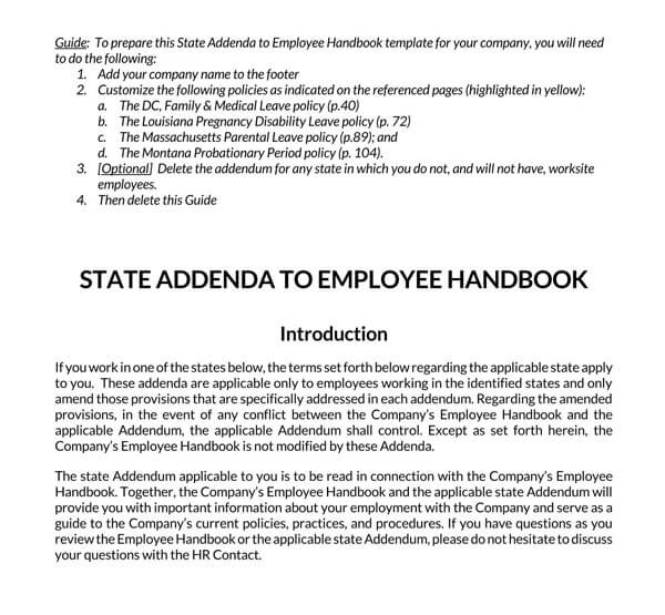 Great Downloadable State Addenda to Employer Handbook Example for Word File