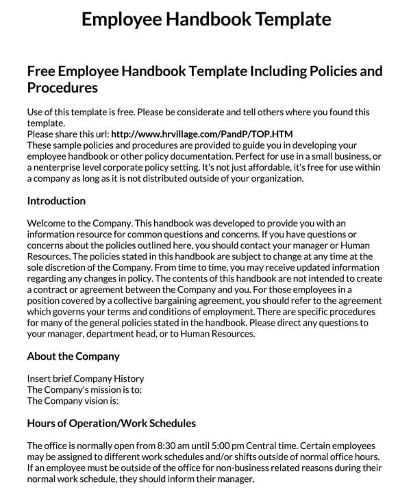 Great Downloadable Policy and Procedure Employer Handbook Example for Word File