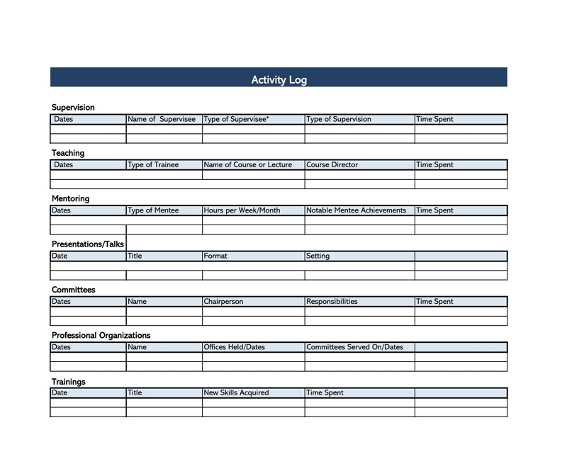 Sample activity log template for Excel