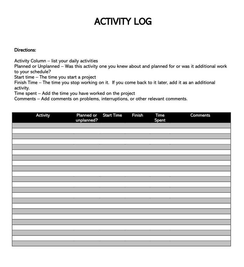 Printable activity log form example