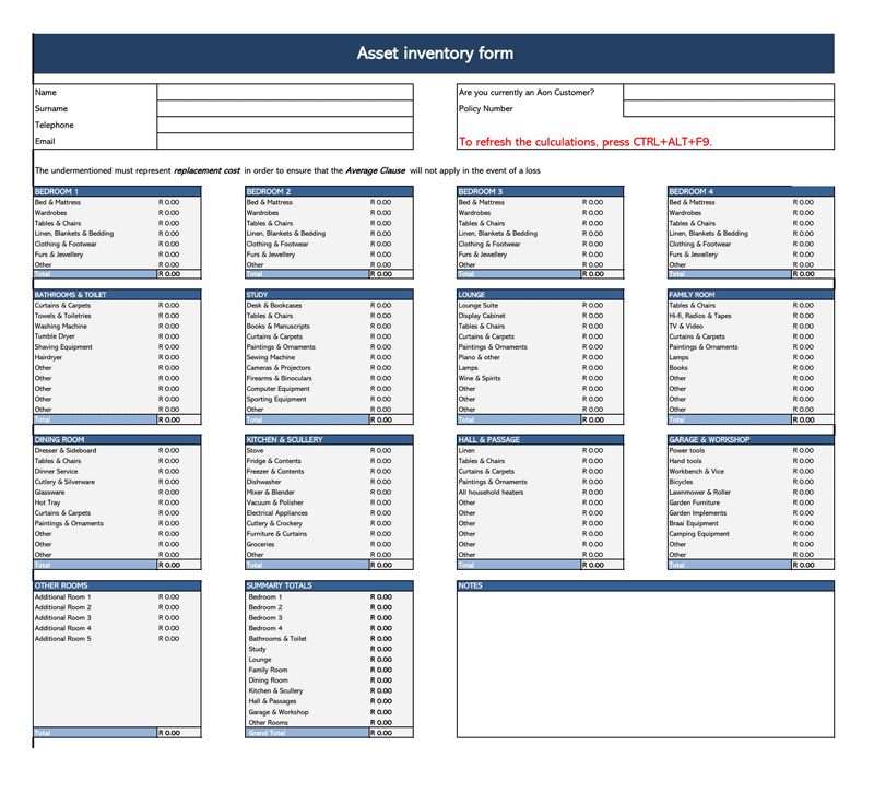 Sample Asset List Spreadsheet - Printable