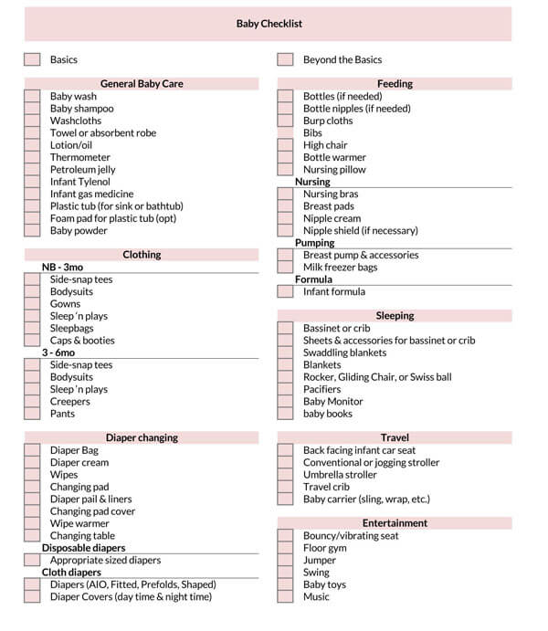 Free printable baby checklist template