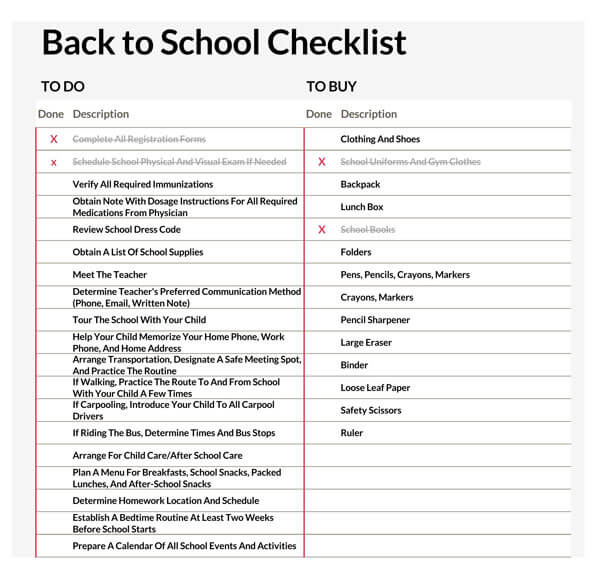 Excel back to school checklist example