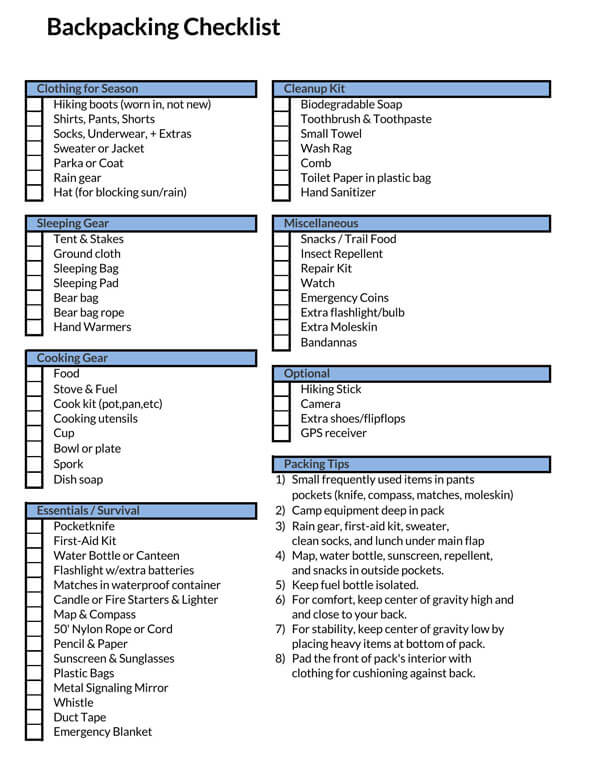 Editable backpacking checklist form