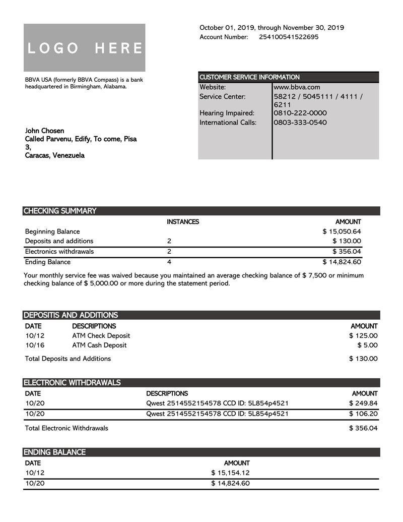Simple personal bank statement template 14