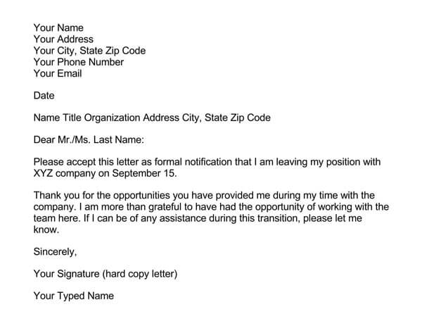 Resignation Letter With Formal Notification Template