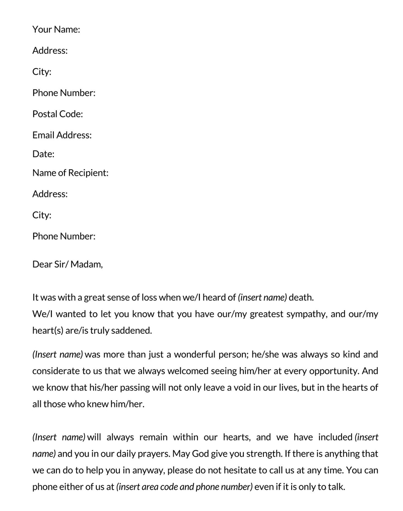 Free Printable Condolence Letter Example