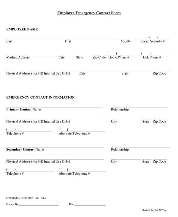 Free employee emergency contact form template 01