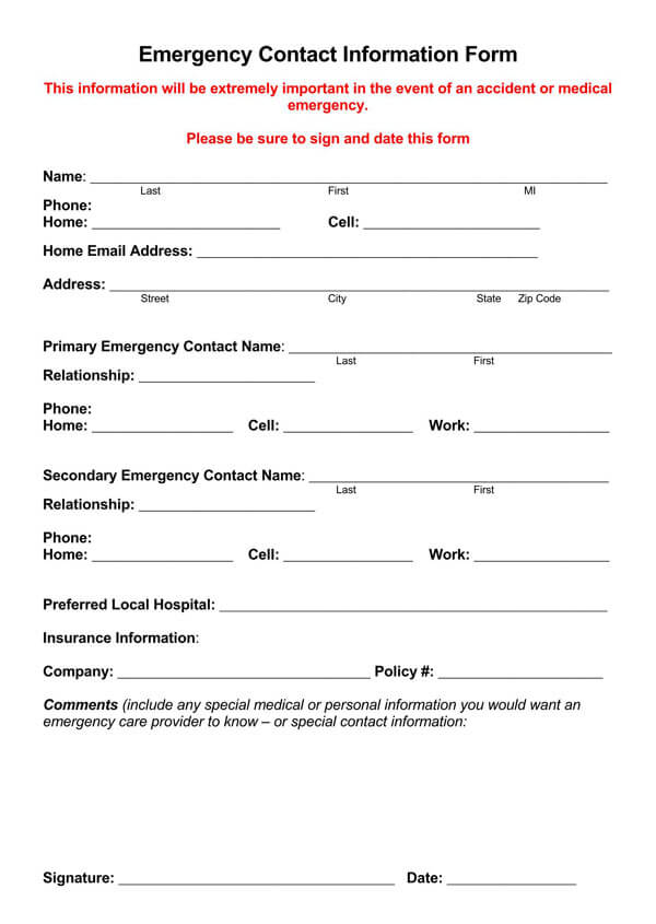 Word format employee emergency contact form template 04