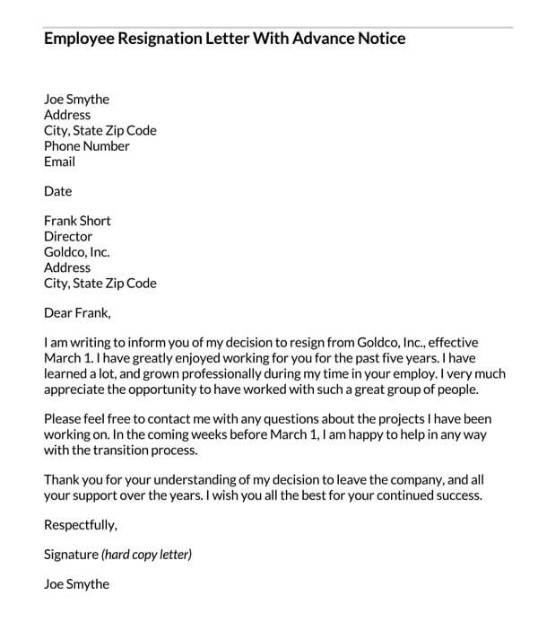 Resignation Letter with Advance Notice - Customizable - Word
