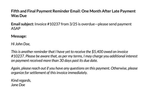 Professional Editable Fifth and Final Payment Reminder Email Template as Word File