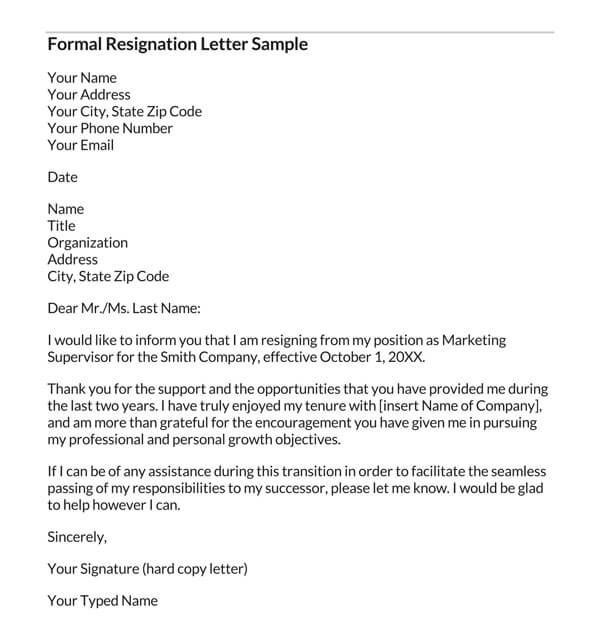 Formal Resignation Letter Sample
