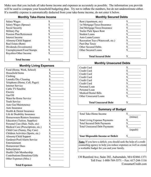 Free Printable Monthly Household Budget Worksheet Example