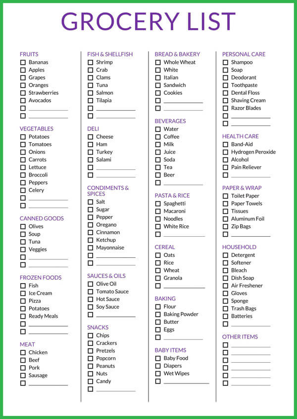 Printable grocery checklist template