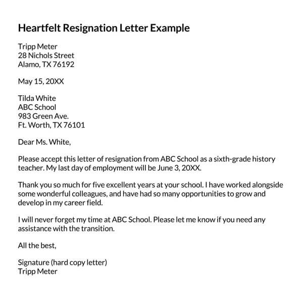 Free Heartfelt Resignation Letter Example
