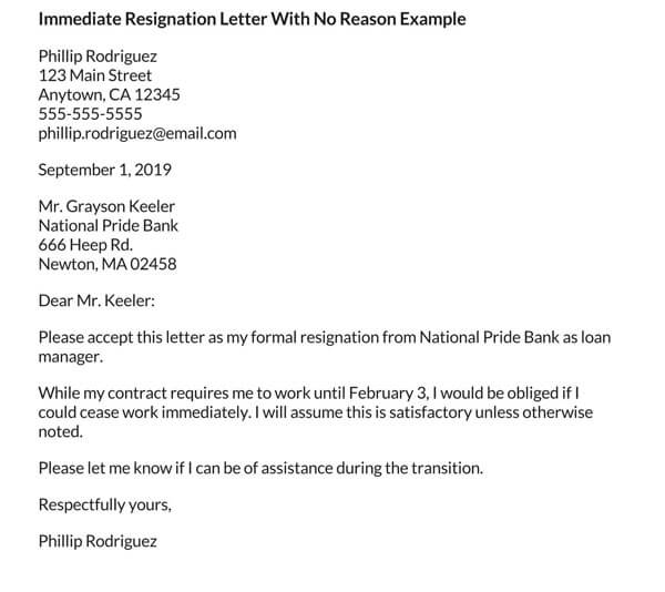 Free Word Immediate Resignation Letter With No Reason Example