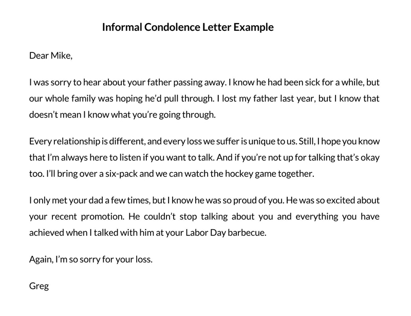 Free Informal Condolence Letter Example