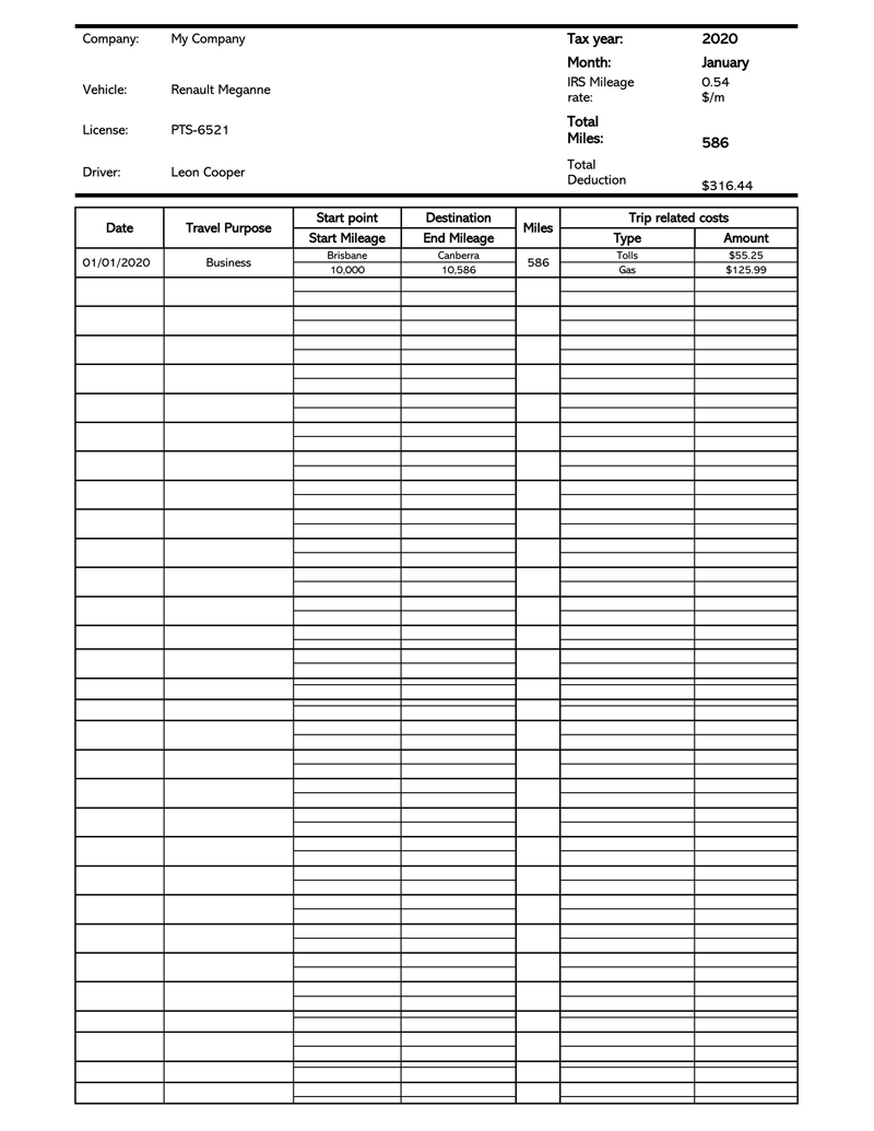 Editable Mileage Log Template 14 for Word