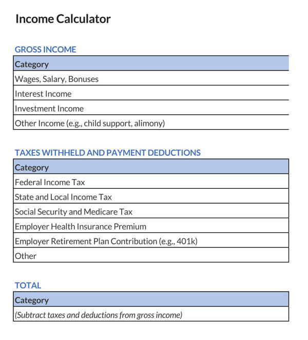 Excel Net income Worksheet Form - Editable Template