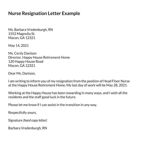 formal resignation letter sample 