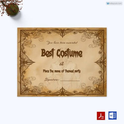 Best Costume Halloween Award Certificate