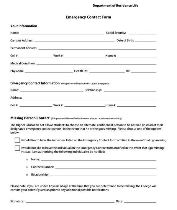 Free printable employee emergency contact form 06
