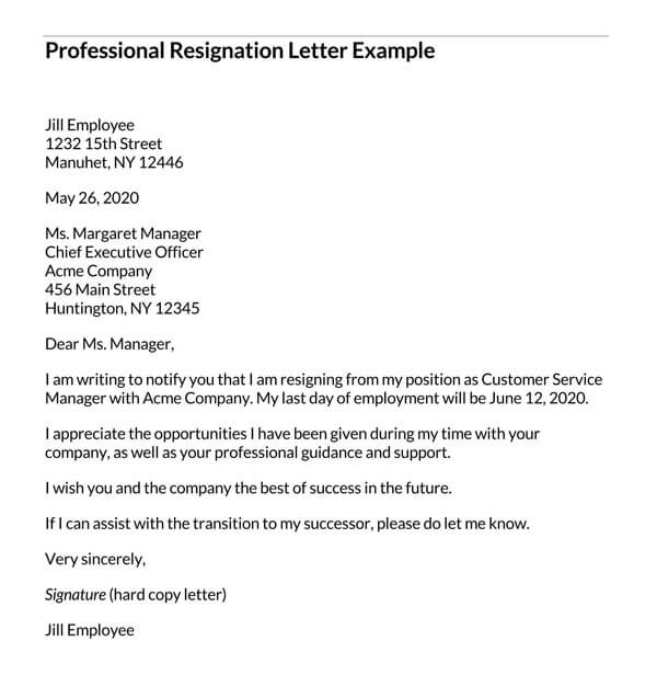 Free Word Professional Resignation Letter Example